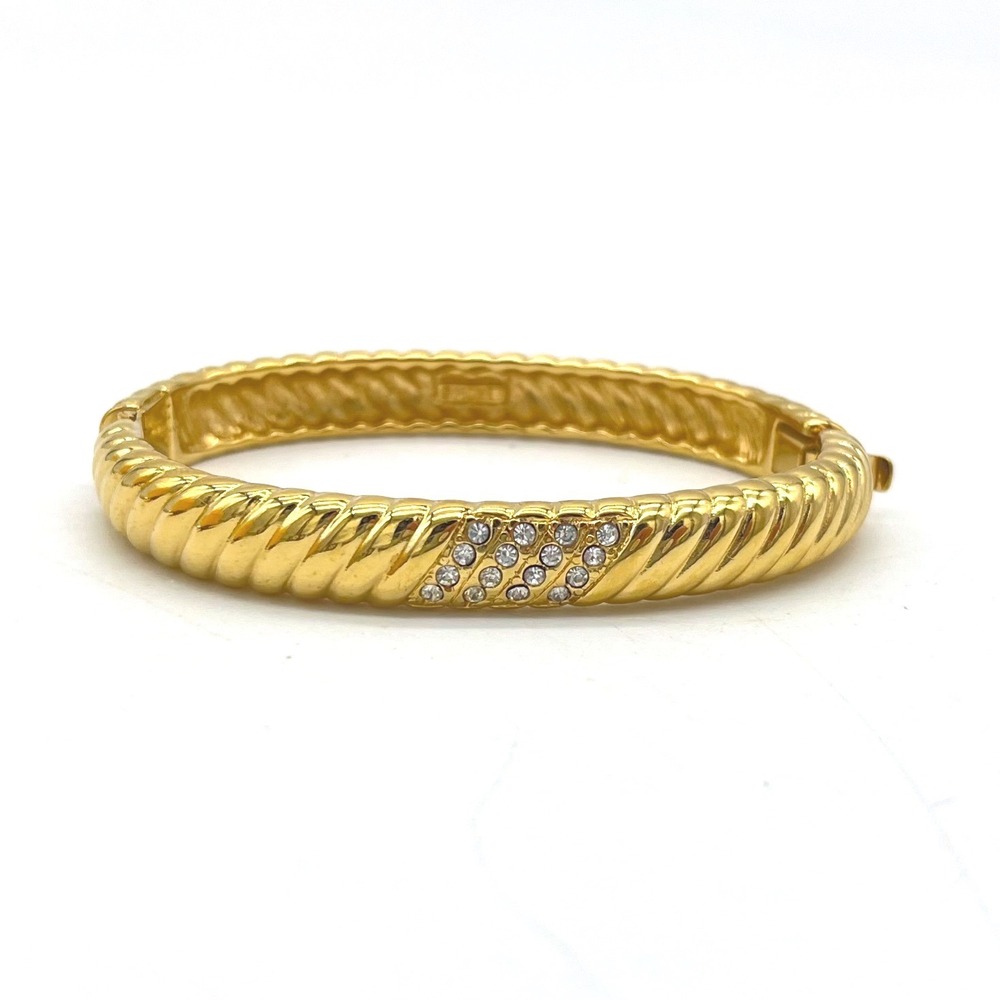 Monet Gold Tone Twisted Rope Hinged Bangle Bracelet Rhinestone Accents Signed